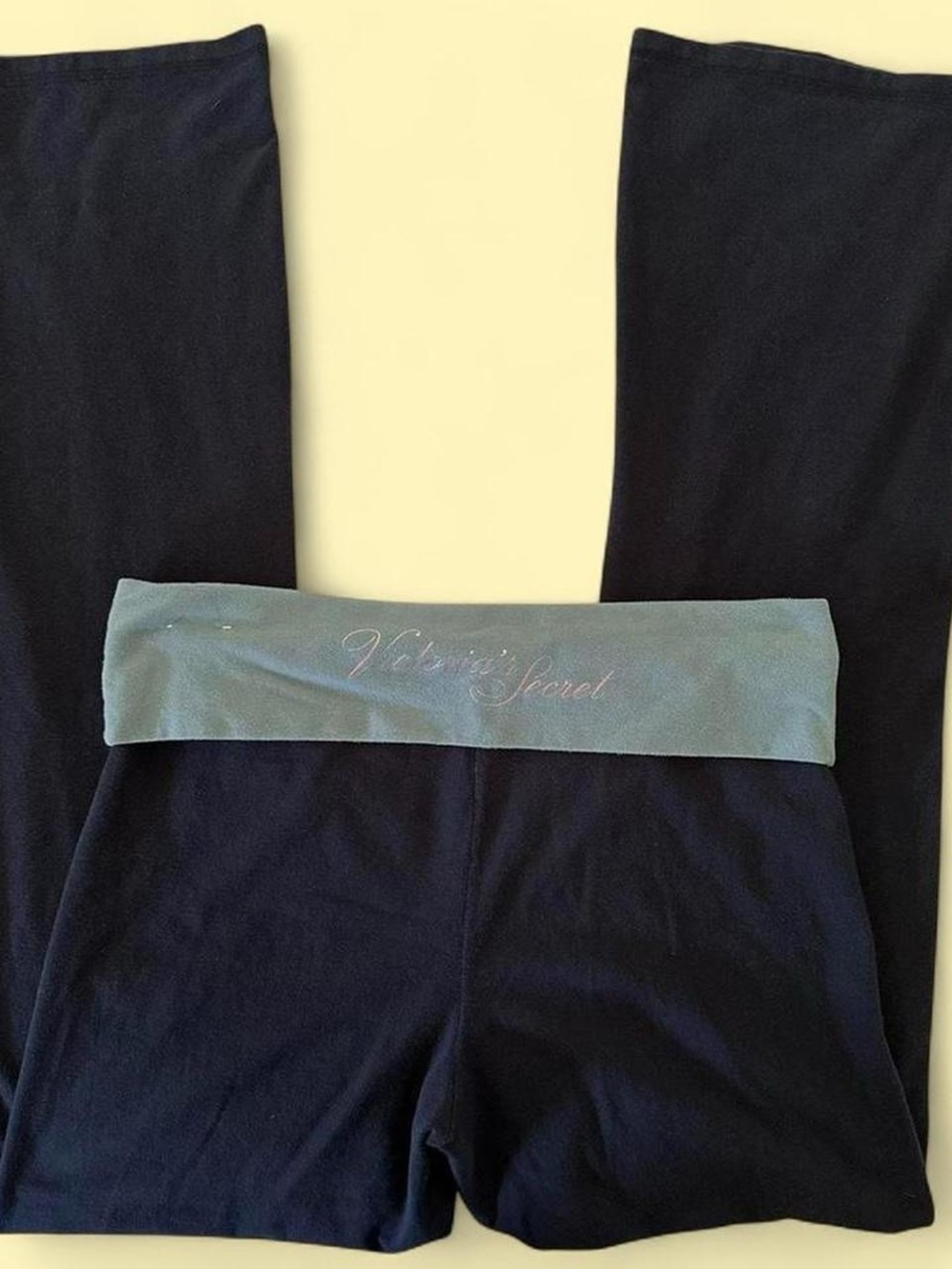 Victoria's Secret Black Yoga Pants with Teal Fold-Over Waistband
